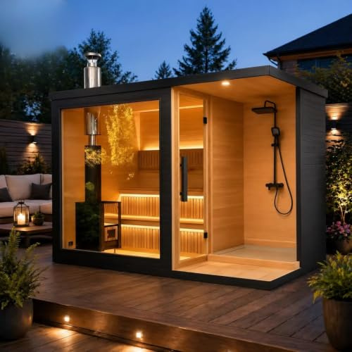 Luxuriöse Outdoor-Sauna, 2-4 Personen, Zedernholz, traditioneller Saunaraum mit elektrischer Heizung, Trockendampftauna mit WLAN-Steuerung, LED-Lichtern für Zuhause, Hinterhof, Spa-Erlebnis