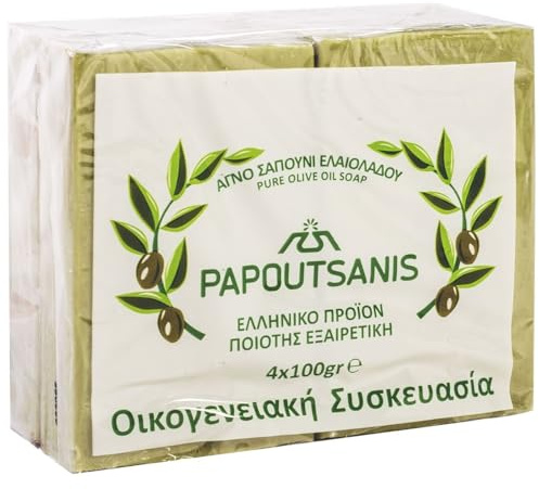 Sapone verde puro all'olio d'oliva greco tradizionale Papoutsanis – Confezione da 4 saponi x 100 g