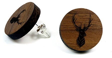 NaturSchatulle Holzohrringe Gravur Hirsch I Holzschmuck Holz Ohrringe 925 Sterling Silber natürliche Ohrschmuck Ohrstecker Damen Nussbaum