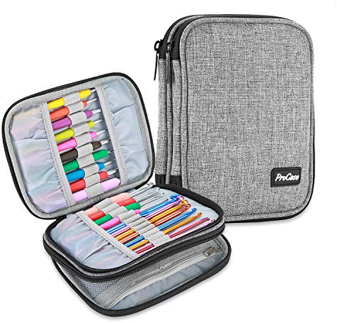 ProCase virkat krokfodral organiserare (emmpty), stickningsnålväska med nätfickor, resebärväska för virkade krokar sticknålar verktygstillbehör, upp till 16,5 cm, Grå, L, Modern