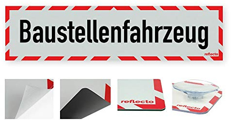 reflecto Hinweisschild „Baustellenfahrzeug“ in rot-weiß und reflektierend (RA1/A) - verschiedene Ausführungen und Maße (magnetisch, 150 mm x 500 mm)