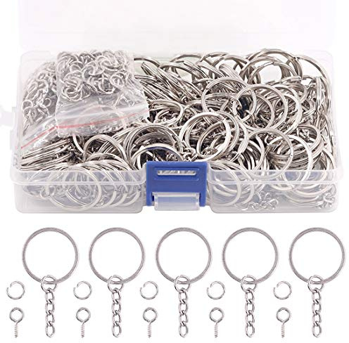 Swpeet 450Pcs Anillos de Llavero Planos de Plata de 20mm, Kit de 4/5 Pulgadas, Incluye 150 Anillos de Llavero Divididos con Cadena y Anillo de Salto y 150 Anillos de Salto con 150 Pernos de Ojo de