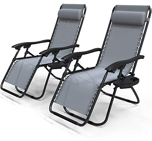 VOUNOT Set di 2 sedie a sdraio Zero Gravity, con portabicchieri e supporto per telefono, sedie da giardino reclinabili in textilene, colore grigio, 4482079522839