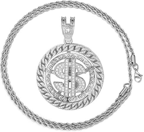 Halukakah Goldkette für Männer Iced Out,Platin Weißgold Rotierende Dollar Geld Anhänger Halskette Volle Cz Labordiamanten Zinken-Set mit Seilkette 60cm Kostenlose Geschenkbox