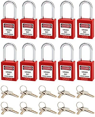 QWORK® Lockout Vorhängeschloss, 10Stk Vorhängeschlösser mit 20 Schlüssel, Rot, 38mm