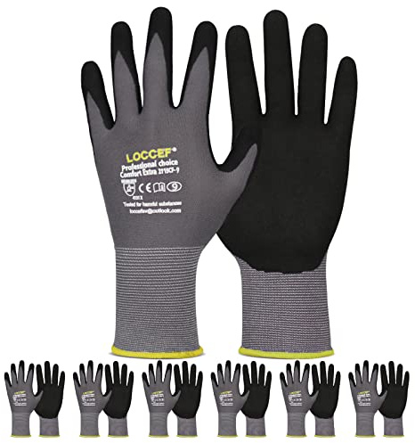LOCCEF Work Gloves MicroFoam Nitrile Coated-6 Pairs,Seamless Knit Nylon Gloves,Gray Work gloves (10/XL, Gary-6 Pairs)