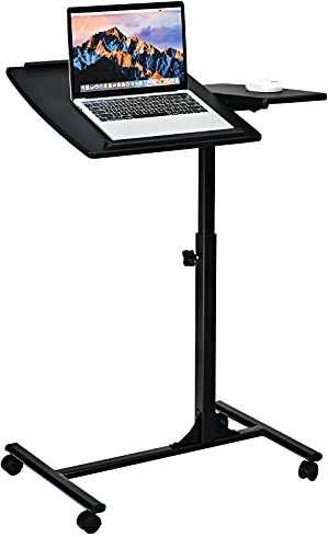 GIANTEX Beistelltisch mit Rollen, Pflegetisch höhenverstellbar & neigbar, Laptoptisch rollbar, Notebooktisch mit 2 Stopp-Leisten, Betttisch Pflegebett, mit Ablage für Maus, 64 x 45 x 71-93cm (Schwarz)