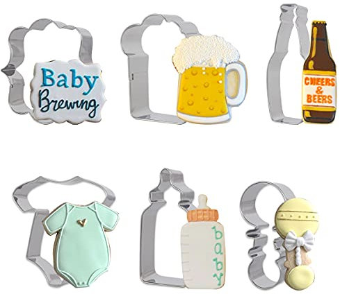 Juego de cortadores de galletas de cerveza con temática de cerveza, de acero inoxidable, botella de cerveza, botella de sonajero para bebé, placas de fotos, pasta de fondant y galletas para baby