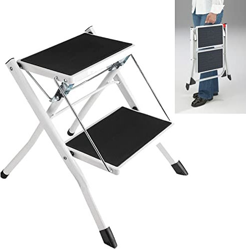 Escabeau à 2 Marches Antidérapant, Robuste Marchepieds Pliant de Bricolage, Escabeau en Acier, Escabeau Multifonction pour Intérieur/Extérieur, Max Capacité 150 kg,