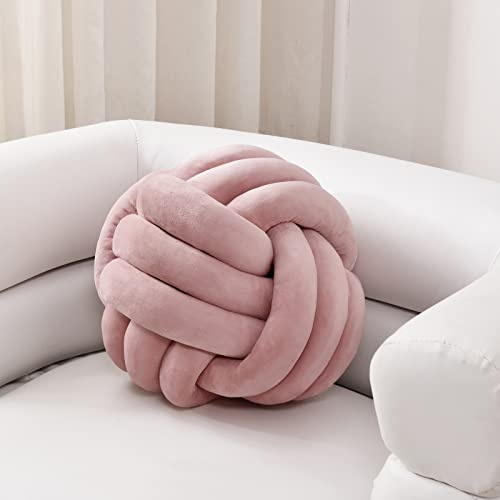 Sioloc Almohadas suaves con nudo, cojín redondo para decoración del hogar, almohada de felpa, almohada anudada hecha a mano redonda de felpa (10.6 pulgadas, rubor)
