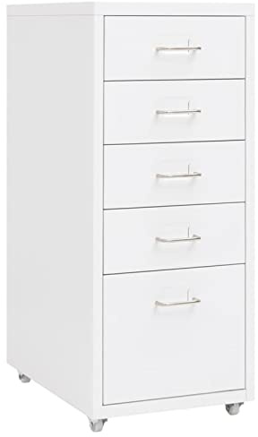 Aktenschrank, 5 Schubladen mit Metallgriffen und Namensschildhalterung, rollbarer Büroschrank aus Metall in Weiß, 28 x 41 x 69 cm, für Büro und Arbeitszimmer