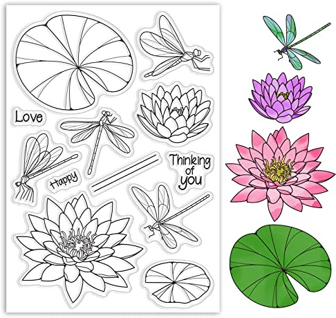ORIGACH Seerose und Libelle Silikonstempel für Kartenherstellung Seerose und Libelle Transparente Stempel Klarer Stempel für DIY Scrapbooking Fotoalbum