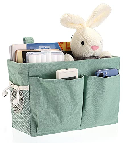 IGNPION Canvas Bedside Hanging Storage Bed Pockets Baskets-Adjustable Hanging Tape Dormitory Bed Organiser Caddy Mulit-purpose Hanging Storage Bag for Home Office School Dorm Hospital, Green