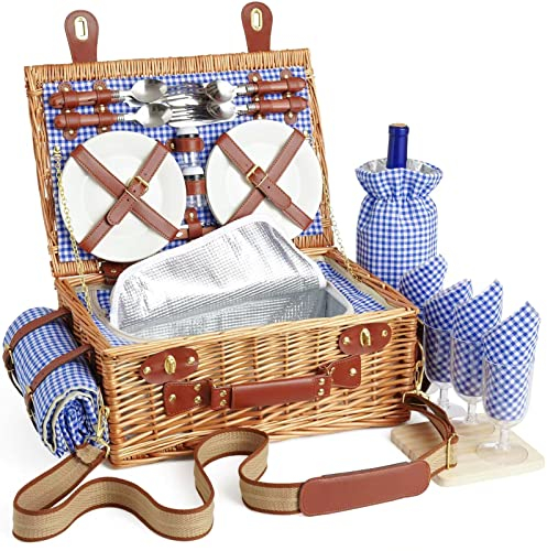 DHAEE Wicker Picnic Basket Set for 4 Person with Cooler Compartment and Waterproof Picnic Blanket,Removable Strap,Wine Bag,Cutlery Set,for Camping,Day Travel,Beach,Hiking,BBQ and Family/Couples Gifts