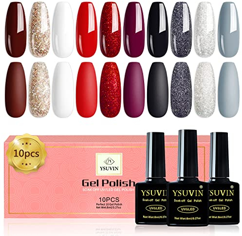 YSUVIN Halbpermanent Nagellack, 10 Stück, Rot, Schwarz, Grau, Silber, Weiß, Soak-Off, UV/LED-Lampe, Gel-Nagellack, DIY-Set für Frauen