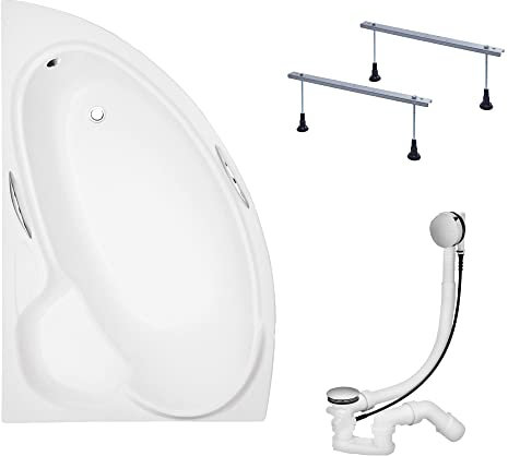 KOLMAN Badewanne BIANKA Eckbadewanne 150x95 Links ohne Verkleidung, Ablaufgarnitur und Füßen Komplettset 3in1 Premium Original Acryl Wanne Siphon