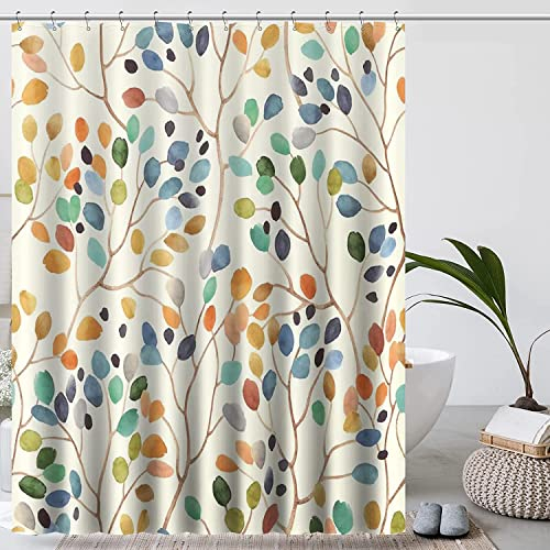 Cortina De Ducha 180x200 Beige Cortinas para Duchas Estampado Botánico Colorido con Agujeros Cortina BañO Tela Impermeable Antimoho Shower Curtain Cortinas De BañO para BañEra con 12 Ganchos