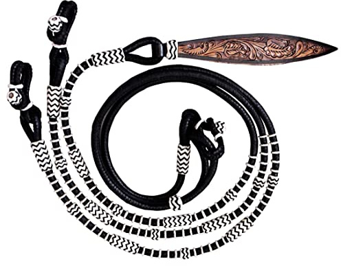 WeavingCraft Schwarzes Seil mit weißen Knoten, rohes Leder, handgeflochten, Romal-Zügel, handgeschnitzt, mit Druckknöpfen, Ranch-Seil, 2,5 m, 1,5 m Romel
