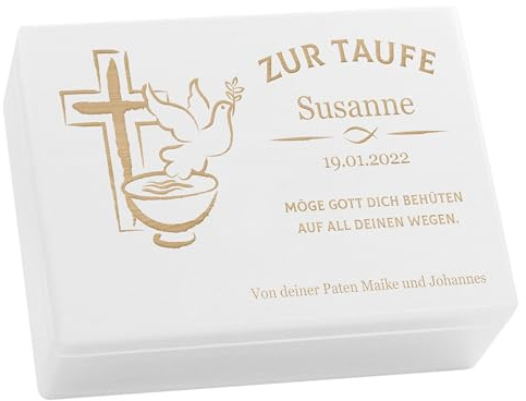 LAUBLUST Holzkiste mit Gravur - Personalisiert mit Name | Datum | WIDMUNG - Weiß, Größe L - Friedenstaube Motiv - Geschenkkiste zur Taufe, FSC®