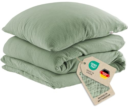 Pure Label Musselin Bettwäsche 135x200+80x80 cm 100% Baumwolle - Grün | Traumhaft weiche, kuschelige Bettwäsche-Sets aus Musselin - 40° Waschbar