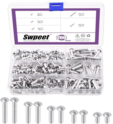 Swpeet 260 rivetti per saldatura M5 × 6 mm, 10 mm, 14 mm, 20 mm, 25 mm, rivetti in alluminio, estremità liscia, testa universale, elevata resistenza alla corrosione per la riparazione di barche, aerei