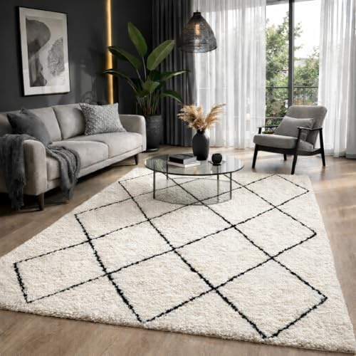 the carpet Bahar Shaggy – Weicher Hochflor Teppich, moderner Flauschiger & kuscheliger Wohnzimmer Teppich, eleganter Designer Shaggy, pflegeleicht und strapazierfähig, Creme-Schwarz, 240 x 340 cm
