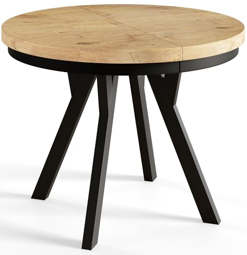 Esstisch Ausziehbar Evo, Stabile Konstruktion, 100-200cm, Lancelot | Runder Tish, Moderner Wohnzimmertisch und Küchentisch, Schwarze Beine