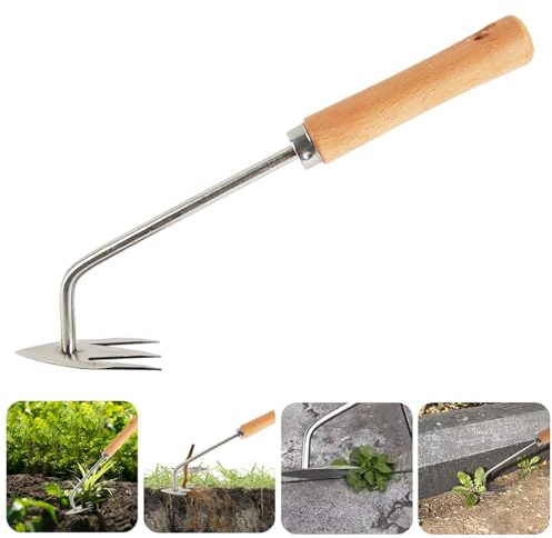RosyFate Fugenkratzer Unkraut, Unkrautjäter, Unkraut Entferner Gerät, Fugenkratzer mit Stiel, Unkrautstecher Edelstahl, Gartengeräte, für Garten Gras Graben, Umpflanzen, Jäten (Holzgriff – 3 Zähne)