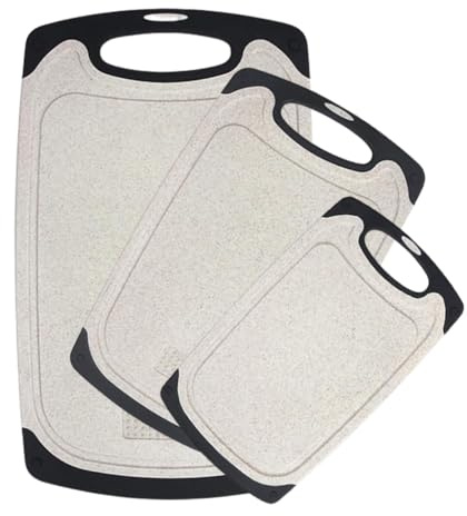 Set di 3 taglieri da cucina, in plastica, con piedini antiscivolo, scanalature per succhi, impugnatura comoda, senza BPA, non porosi, lavabili in lavastoviglie, diverse dimensioni (beige, funzione