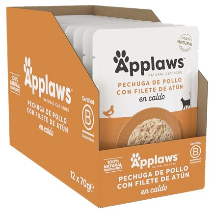 Applaws Nourriture Humide 100% Naturelle pour Chat, Poitrine de Poulet avec Filet de Thon en Bouillon - Pack de 12 Poches de 70g