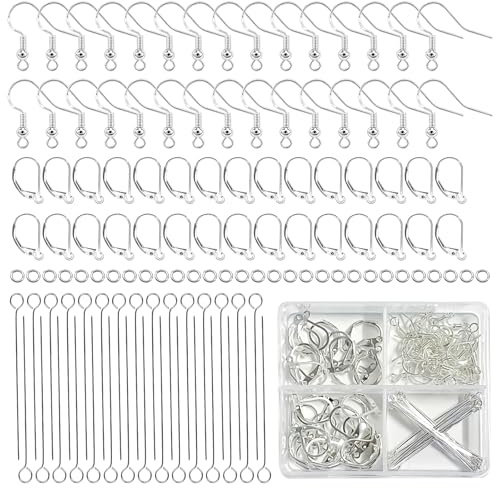 120 Stück Ohrringe Basteln 925 Silber Ohrhänger mit Aufbewahrungsbox | Ohrringe Basteln Set mit Ohrring Haken Französische Ohrhaken Flexibler Ring Flachkopfnadel in 9er-Form für Armbänder Ohrhaken