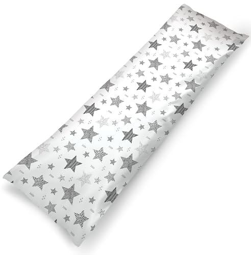 PinkZebra Seitenschläferkissen Bezug 40 x140 cm aus 100% Baumwolle, Kissenbezug für Kinder & Erwachsene, Kissenhülle mit Reißverschluss, Öko-tex Standard 100, Sterne Grau