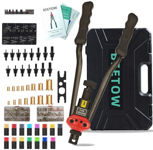 BEETOW 16 Rivet Nut Tool Kit – SAE & Metric Rivnut Gun with 15 Mandrels (M3–M12, #6, #8, #10, 1/4, 5/16, 3/8, 1/2'') & 200 Nutserts, Stroke Adjustment Window, for Automotive & Metal Repair | 15 SAE & Metric mandrels, 200 rivet nuts, stroke control and hard case; 16-inch handles add leverage for larger rivnuts.