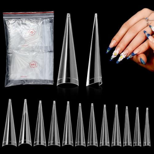 Sibba 504 Stück Falsche Nägel Tipps Künstliche Nagelspitzen Konische Nageltips Durchsichtig Full Cover Kunstnägel Stilett Nagel Tips für Damen Mädchen DIY Nagelverlängerung Klare Extra Lange 10 Größen