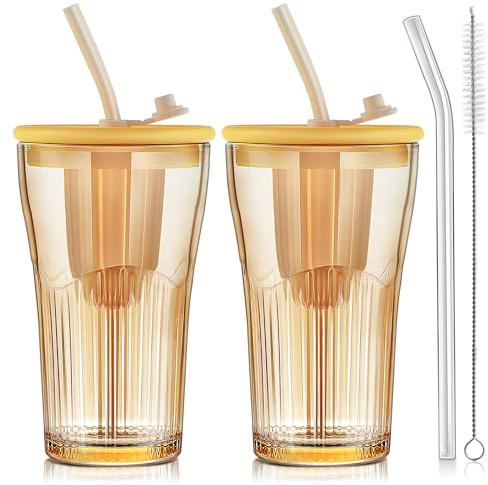 Joeyan Lot de 2 Ambrés Verre avec Paille et Couvercle, 450ml Grand Gobelet,Tasses à Café Glacé Nervurées, Verre a Eau avec infuseur à thé pour bubble tea matcha limonade,Lavable au Lave-vaisselle