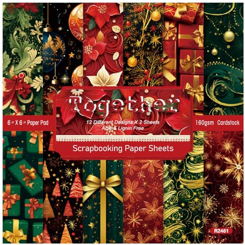 ZAKHSE Motivpapier 15,2×15,2cm, 48 Blätter Designpapier Weihnachten, Weihnachtsmuster Einseitig Bedruckt Bastelpapier, 12 Designs Scrapbook Papier für Kartengestaltung DIY Sammelalbum Dekor-Grün/Rot