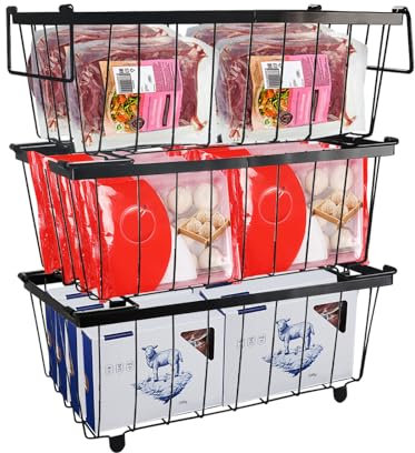 3 Stück Gefrierschrank Organizer Behälter, Stapelbare Gefriertruhe Körbe, Gefrierkörbe mit Klappbarem Griff für 99L-198L Kleine Gefriertruhe, Metall Gefrierbehälter, Gefriergut Sortieren (Schwarz)