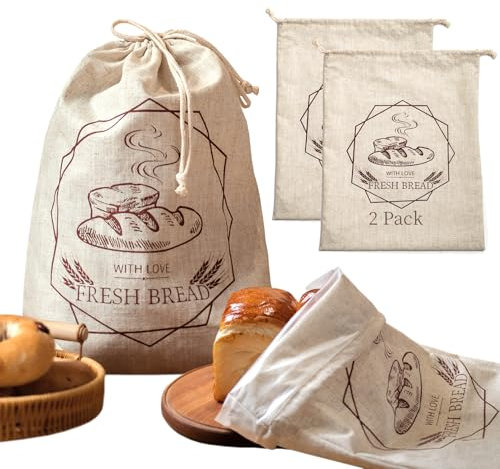 DGJY Wiederverwendbarer Leinen-Brotbeutel, Brotbeutel für hausgemachtes Brot, 2 Stück XL-Sauerteig-Brotbeutel, Stoff-Brotbeutel für hausgemachtes frisches Brot, mit Kordelzug-Futter, hausgemachte