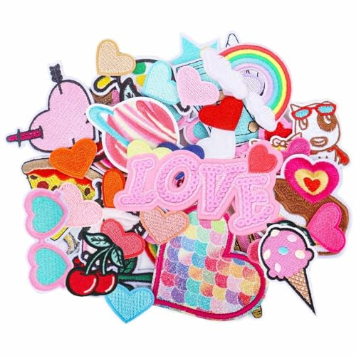 Dmnnlp 42 Stück Patches zum Aufbügeln, Mini Valentinstag Bügelbilder Herz Patches, Flicken zum Aufbügeln Kinder Bügelpatch Erwachsene für Rucksäcke Hosen Kleidung Hut Jeans DIY Dekoration