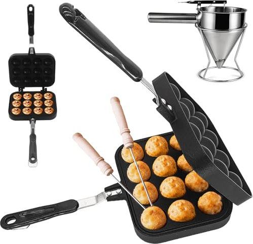 12 Holes Takoyaki Grill Pan, Non Stick Takoyaki Maker With Separating Funnel Cup& 2 Baking Needles, 4 Cm Waffle Maker Pan Aluminum Plate With Anti-scald Handle, For Home Kitchen