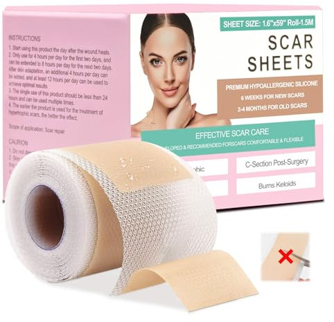 Grunda Silikon Narbenpflaster vorgeschnitten, 4cmx1.5M wiederverwendbar Silikonpflaster für Narben, Silicone Scar Sheets, Narbenroller Narbenpflege für C-Sektion, Operationen, Verbrennungen, Keloid