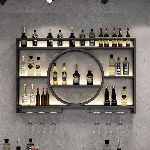 LED-beleuchtetes Likör-Flaschenregal, Wandmontage, Barregale, Metall, Weinflaschen- und Glasregal, Eisen, Weinflaschen-Display für Wohnzimmer, Esszimmer, Küche, Schwarz, 91 cm
