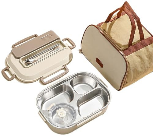 Fiambrera Hermetica Infantil, Fiambreras, Fiambrera De Acero Inoxidable 316, Recipiente Aislante para Alimentos, Capacidad Media, Con Cubiertos, Tazón para Sopa, Adecuada para El Trabajo, Viajes (beig