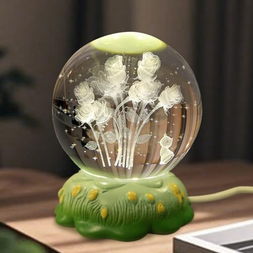 YIFMOO 3D Kristallkugel Nachtlicht, 80MM Rose Glaskugel Lampe Mit Harzsockel, LED Ball Lampe mit USB-Kabel, Blumen Thema Kreative Schreibtisch/Nachttischlampe für Freundin Mama Freunde (Rose Lampe)