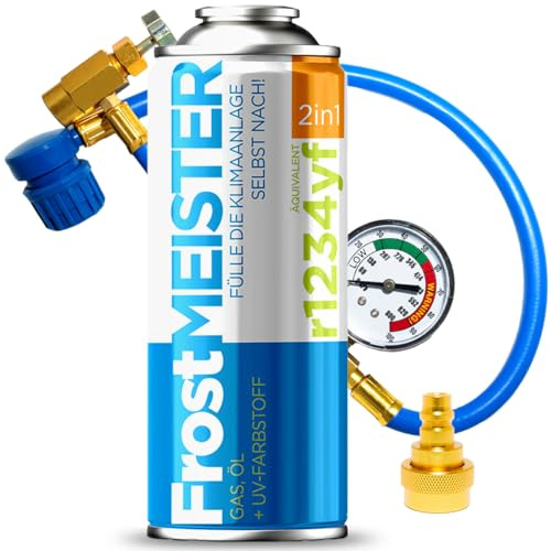 FrostMEISTER 2en1 – Juego de recarga para aire acondicionado de coche de 400 ml con tubo con manómetro y adaptador – Sustitución rápida y sencilla del refrigerante para R1234yf (a partir del año de