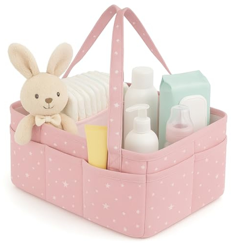 Little Finds Tragbarer Windel-Caddy Organizer, Baumwoll-Wickelkorb, Baby-Organizer, Auto-Reise-Aufbewahrung, abnehmbare Fächer, 10 Seitentaschen, 3 Trennwände, Baby-Geschenk (Rosa)