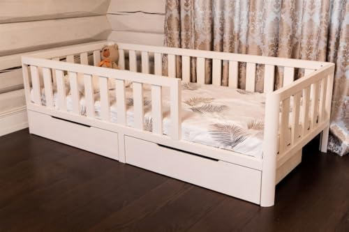 Mandrele - Montessori Bett, Bodenbett mit Lattenrost und Schubladen, Rausfallschutz Bett, Kinderbett, Holzbett mit Bettgestell für Jungen und Mädchen, 120x200 cm, Weiß