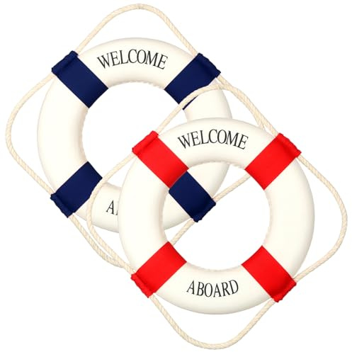 Vercraft Rettungsring, Wanddekoration, großer Rettungsring, dekorativ, Willkommen an Bord, mediterraner Stil, Dekoration, nautischer Pool-Sicherheitsring für Schwimmschlauch, Hauswand, Fenster, Rot