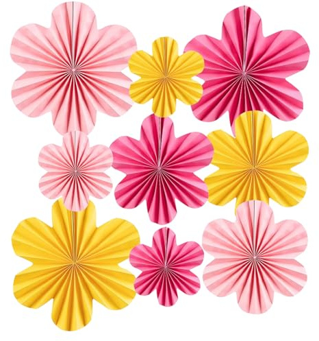 Zyluniy 9 Pezzi Fiori di Carta Rosa Giallo Ventagli di Carta,Addobbi Battesimo, Decorazioni Tavolo Compleanno, Addobbi per Feste di Compleanno