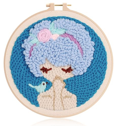 DIY Punch Needle Stick-/Kreuzstich-Set m. Mädchenmotiv u. Rahmen Blau
